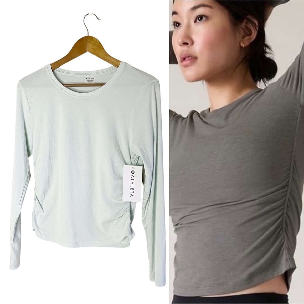 Athleta NWT Light Blue With Ease Cinch Top Ruched Long Sleeve Size Large